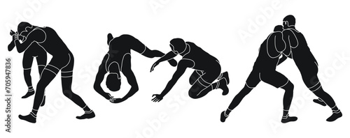 Line sketch of silhouettes athletes wrestler in wrestling, fighting. Greco Roman wrestling, fight, combating, struggle, grappling, duel, mixed martial art, sportsmanship