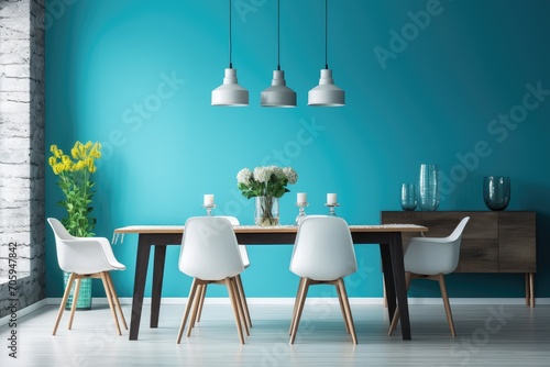  Modern dining room interior design with blue wall. © Tor Gilje