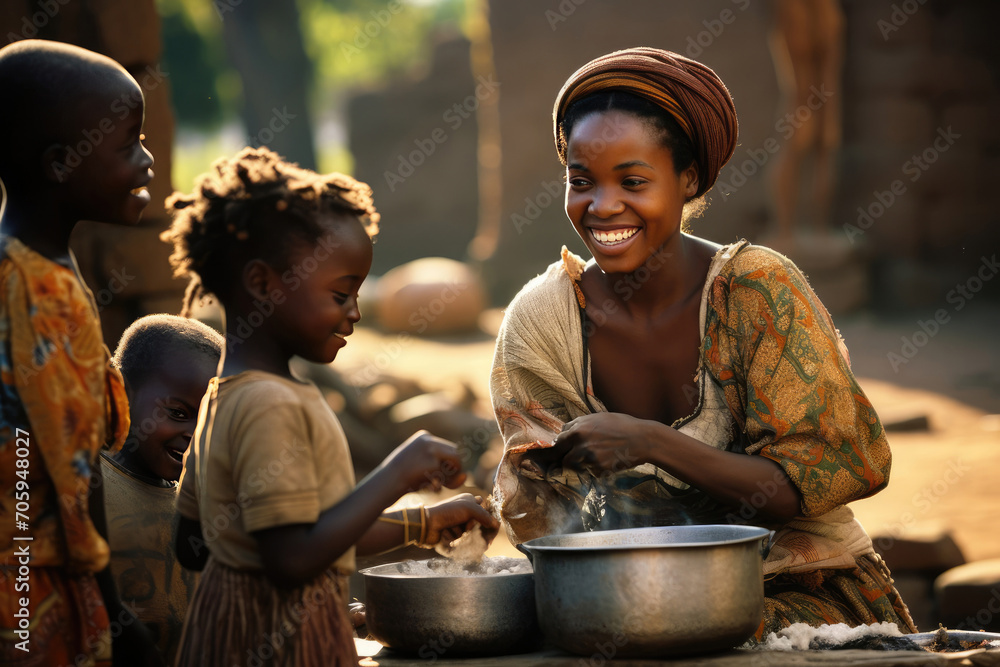 African woman and children preparing food on the street African woman and children preparing food on the street