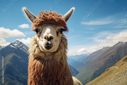 Portrait of alpaca llama in the mountains against the blue sky photo