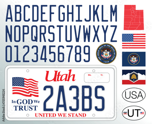 Utah car license plate pattern, letters, numbers and symbols, vector illustration, USA, United States of America