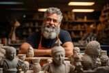 Bearded potter in a workshop surrounded by various ceramic sculptures.