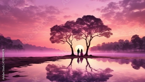 Valentine's Day. A romantic sunset where the sky is painted in shades of pink and purple and the silhouettes of trees create a dreamy atmosphere