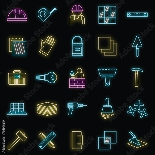 Tiler worker icons set. Outline set of tiler worker vector icons neon color on black