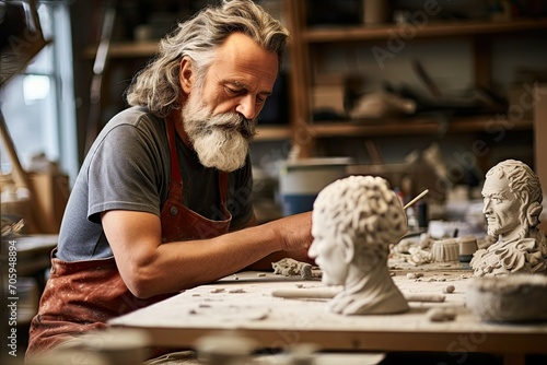 Bearded sculptor intently carving a detailed bust in a clay studio, surrounded by sculptures photo