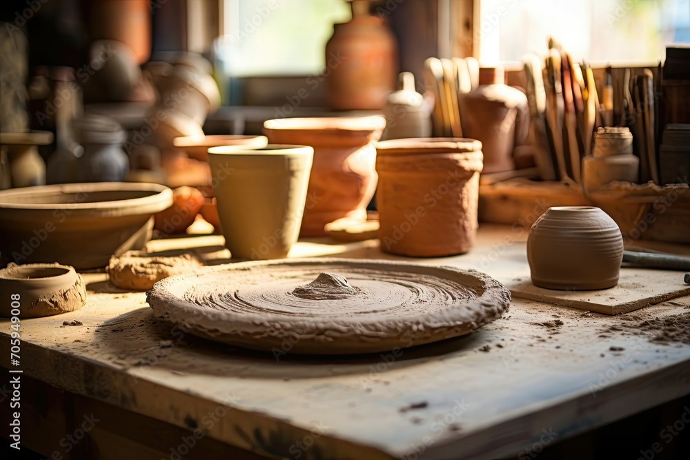 Warm light illuminates a potter's wheel and unfinished clay works in a cozy studio Warm light illuminates a potter's wheel and unfinished clay works in a cozy studio