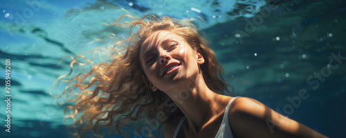Happy woman swimming underwater in sunny holiday time.