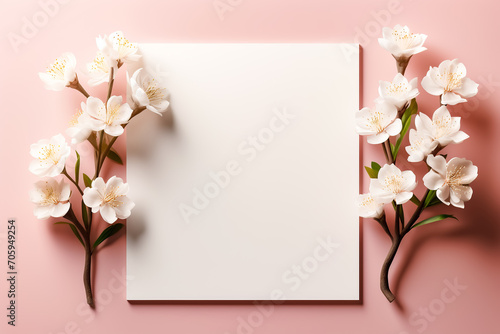Delicate pink and red flowers as a symbol of love are mixed on a Valentine's Day greeting card template. Flat lay, top view, copy space.