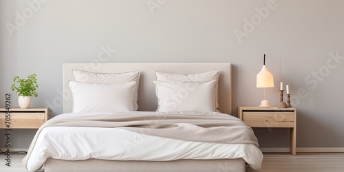 Minimalistic bedroom with white-linened bed and night table lamps.