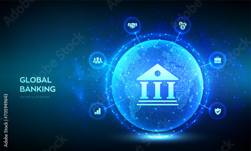 Banking. Finance and banking networking. Business global internet connection. Financial technology. Digital marketing. World map point line composition. Earth planet globe. Vector illustration.