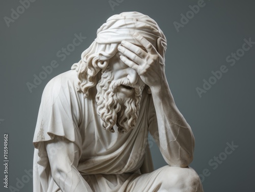 Antique Greek marble Statue doing facepalm on a gray background photo
