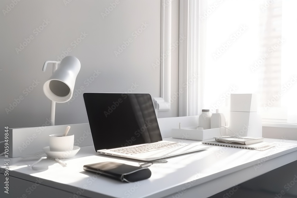 Modern minimal white working desk with computer desktop Modern minimal white working desk with computer desktop