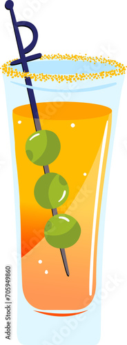 Orange cocktail in tall glass with three green olives on skewer and sugar rim. Celebratory drink vector illustration.