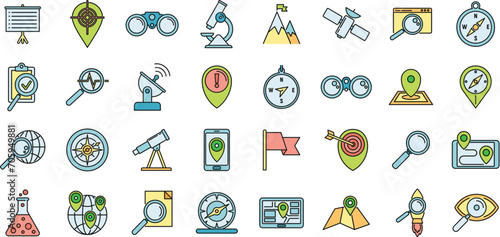 Research icons set. Outline set of research vector icons thin line color flat on white