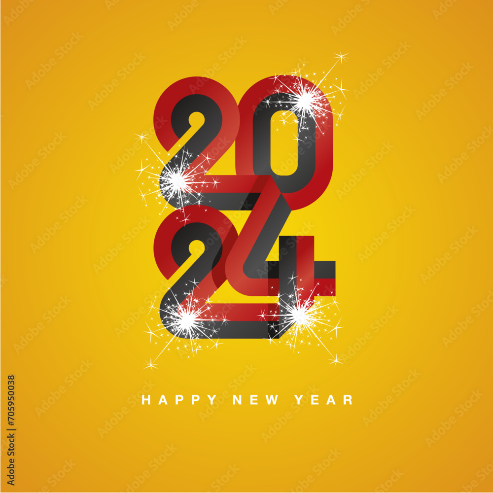 Fototapeta premium 2024 New Year continuous Angola ribbon. Abstract red black flag of Angola in the shape of 2024 logo with sparkle firework. New Year concept template