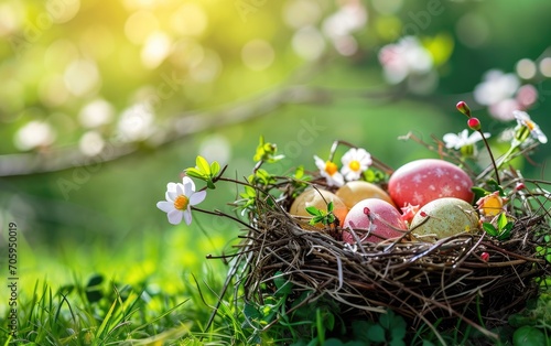 Nest with easter eggs in gr...