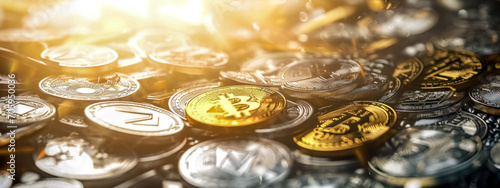 collection of various cryptocurrency coins in sharp focus and a blurred effect  with a warm golden glow  representing the dynamic and digital nature of cryptocurrency markets