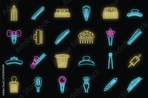Girl barrette icons set. Outline set of girl barrette vector icons neon color on black