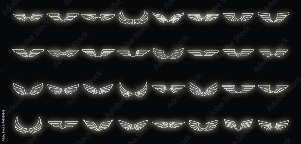 Angel wings icons set. Outline set of angel wings vector icons neon color on black