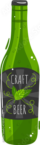 Green bottle of craft beer with label and hops illustration. Artisanal beverage, homebrew product concept vector illustration.