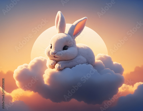 Adorable white little hare on a fluffy cloud as the sun sets, creating a warm and tranquil atmosphere. Generative AI © Aleksei Solovev