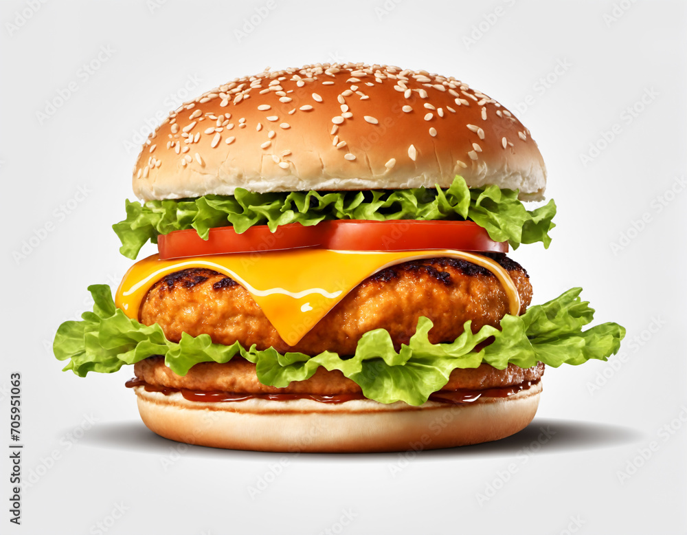 Chicken patty burger with melted cheese, juicy tomatoes, crispy lettuce on a toasted bun on a white background. Generative AI Chicken patty burger with melted cheese, juicy tomatoes, crispy lettuce on a toasted bun on a white background. Generative AI