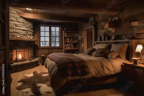 Cozy bedroom with a rustic feel. Generative AI