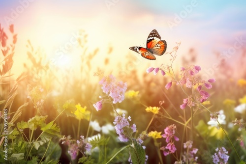 Nature with Beautiful butterfly and blooming spring 