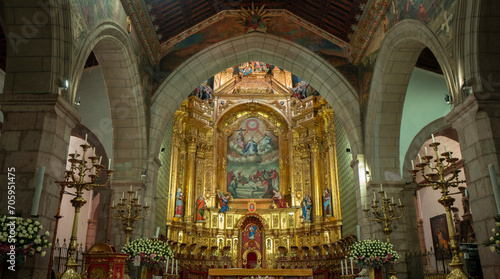 Main altar decorated with gold leaf inside the Primate Cathedral of the city of Quito