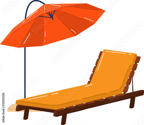 Orange sun lounger with a blue umbrella on a white background. Beach furniture and summer vacations concept vector illustration.