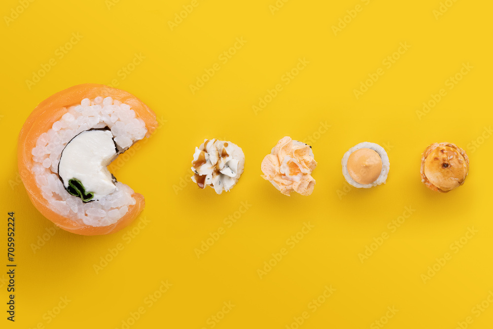 sushi and rolls Pakman tries to eat other rolls sushi and rolls Pakman tries to eat other rolls
