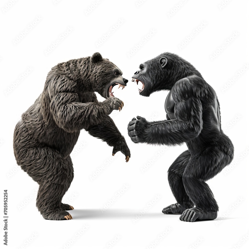 Two Gorillas Fighting in Front of White Background