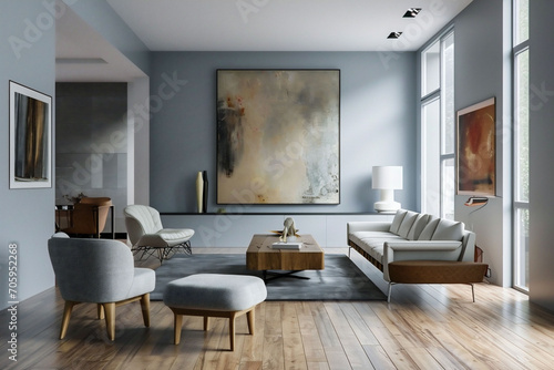 Light blue minimalistic stylish living room, couch and a armchair, pillows and a coffee table and a abstract painting and decorations. White window. Copy space.