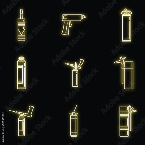 Home polyurethane foam icons set. Outline set of home polyurethane foam vector icons neon color on black