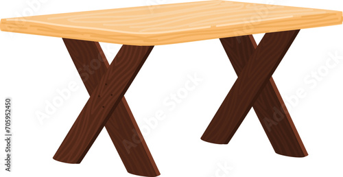 Wooden picnic table with crossed leg design, simple outdoor furniture. Rustic wooden table, garden or patio decor vector illustration.