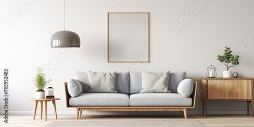 Real photo of a minimalistic living room with a grey sofa, wooden table, posters, and a lamp.