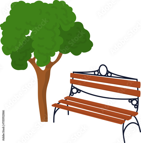 Park bench under a green tree, simple cartoon style. Outdoor wooden bench for rest, garden or park landscape vector illustration. photo