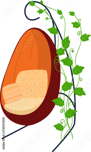 Animated cozy armchair with green vines climbing on it. Comfortable furniture with nature elements vector illustration.
