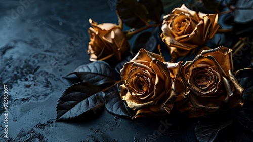 Fototapeta Naklejka Na Ścianę i Meble -  golden roses with dark blue leaves on textured dark background - valentine's day card design background element with copy space - generative ai