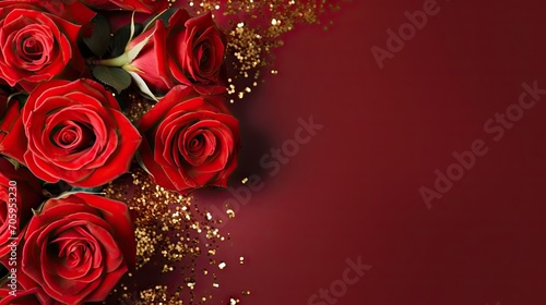 red roses with gold glitter on dark red background - valentine's day card design background element with copy space - generative ai