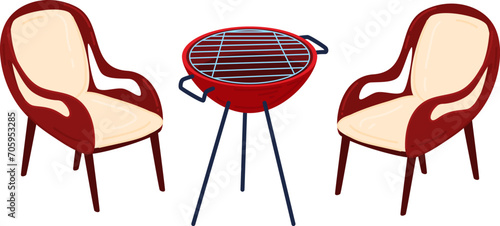 Two red armchairs facing each other with an empty grill in between. Outdoor furniture and barbecue concept. Relaxing backyard BBQ scene vector illustration.