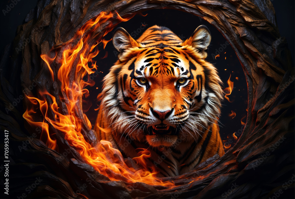 A portrait of a tiger surrounded by fire