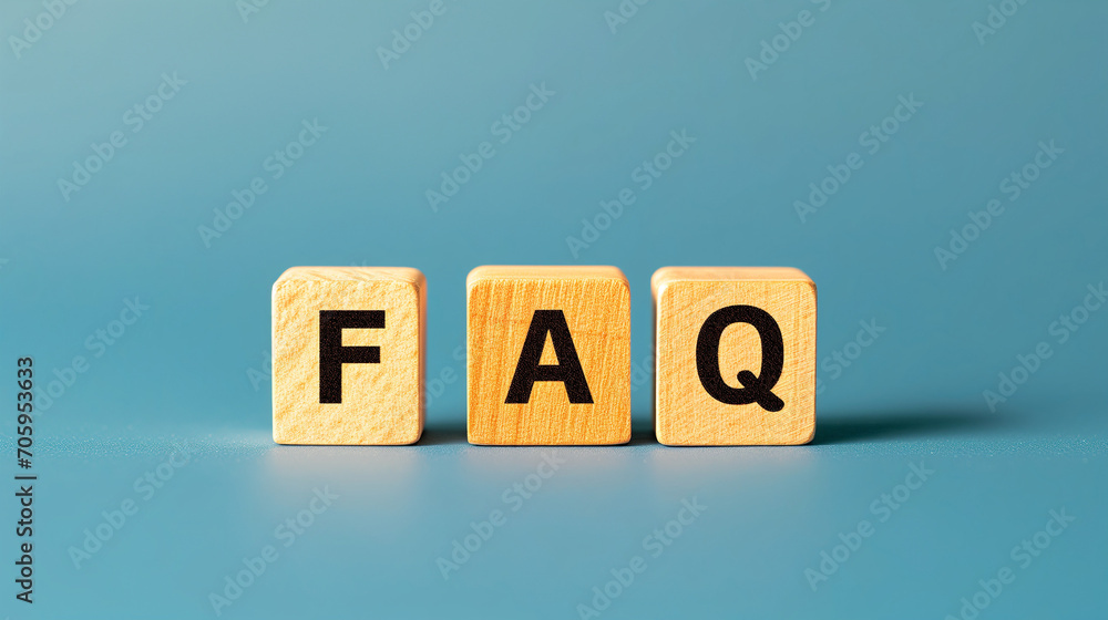 Distinct wooden blocks spell out 'FAQ' against a minimalist blue background, creating an intuitive and user-friendly Frequently Asked Questions display Distinct wooden blocks spell out 'FAQ' against a minimalist blue background, creating an intuitive and user-friendly Frequently Asked Questions display