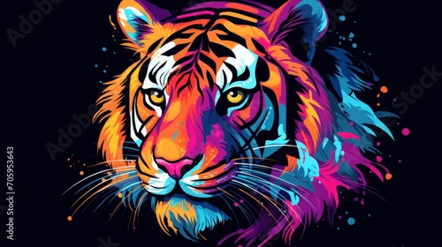 Tiger animal wildlife  rainbow vibrant colorsplash  watercolor style dark background. Generate AI