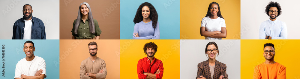 A diverse lineup of individuals against vibrant backgrounds, each with a unique expression and casual attire, exuding a lively and approachable vibe, essence of modern society's diversity and energy - obrazy, fototapety, plakaty 