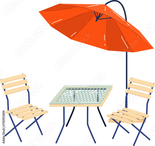 Outdoor patio furniture with orange umbrella and wooden chairs. Comfortable garden setup for relaxation. Cafe terrace or backyard vector illustration.