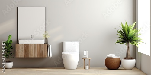 Toilet with a sleek  brown and white minimalist interior  featuring a long mirror.