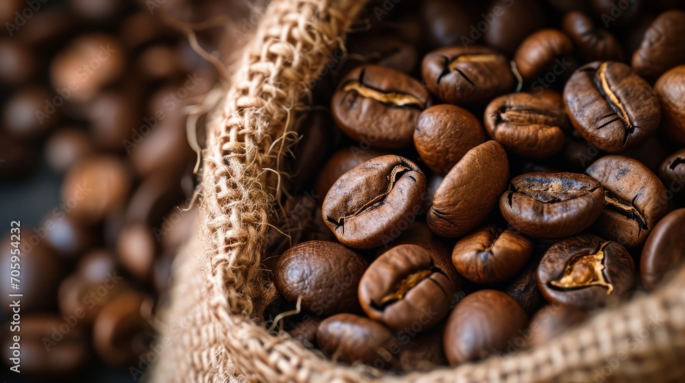 Fototapeta premium Bag of Coffee Beans on Table - Freshly Roasted Arabica and Robusta