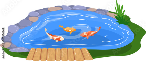 Koi fish swimming in a garden pond with wooden dock. Serene outdoor fish pond with decorative rocks and plants. Zen garden aquatic theme vector illustration.