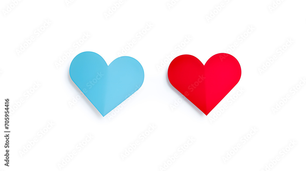 Two hearts blue and red, on white background